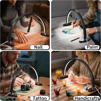 Small Half Moon Light for Nail Desk Moon Light Nail Tech Half Moon lamp Color Temperature 3500K-6500K USB Powered for Personal DIY Manicure Handicraft Lighting (16in-Black)
