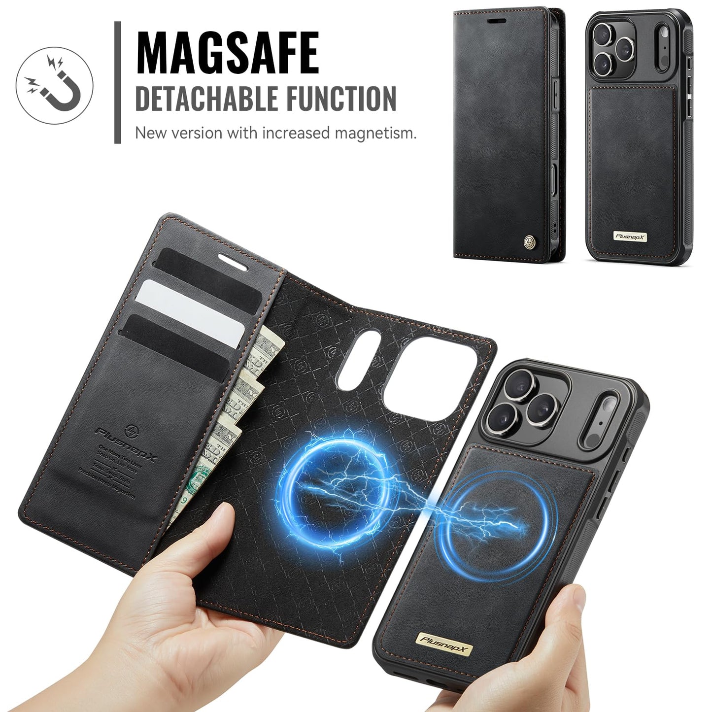 PlusnapX Wallet Case for iPhone 17 Pro Max Compatible with Magsafe, 2-in-1 PU Leather Flip RFID Blocking Card Holder Stand Shockproof Magnetic Detachable Cover for iPhone 17 Pro Max Case 6.9", Black