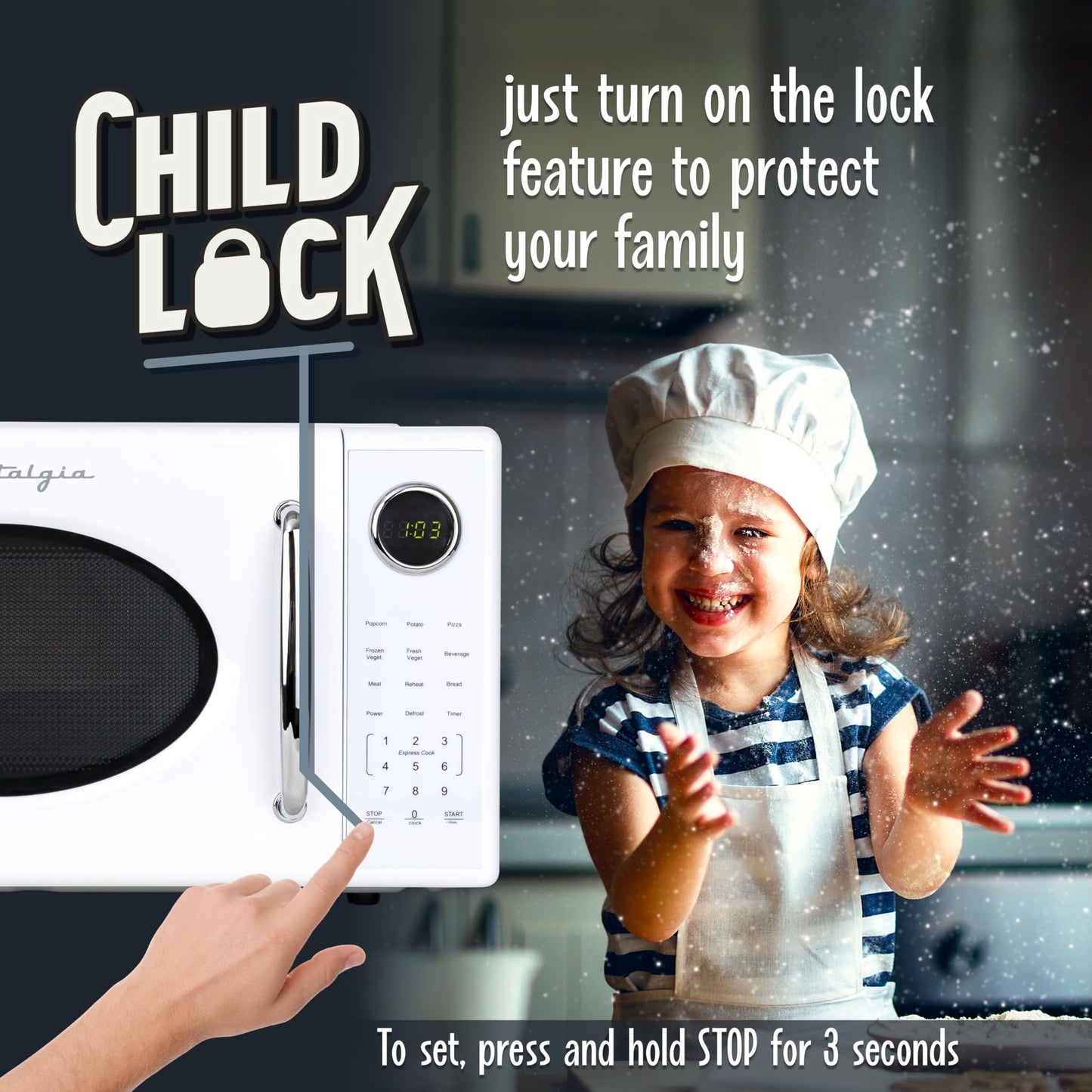 Nostalgia Retro Microwave Oven - 0.7 Cu Ft, 700-Watt Countertop Size with Glass Turntable, Child Safety Lock, 8 Auto-Cook Programs, Digital Clock - Aqua