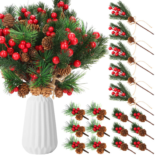 34Pcs Artificial Christmas Floral Picks, Red Berry Picks with Pinecones and Pine Branches, Fake Berries Pine Cone Berry Stems Set for Wreath, Garland, Vase, Tree, Holiday Home Winter Decorations