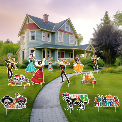 Amyhill 12 Pcs Day of the Dead Yard Decorations Halloween Outdoor Signs Decorations Dia De Los Muertos Decor Sugar Skull Sign Waterproof Mexican Fiesta Festival Party Supplies for Garden Lawn Patio