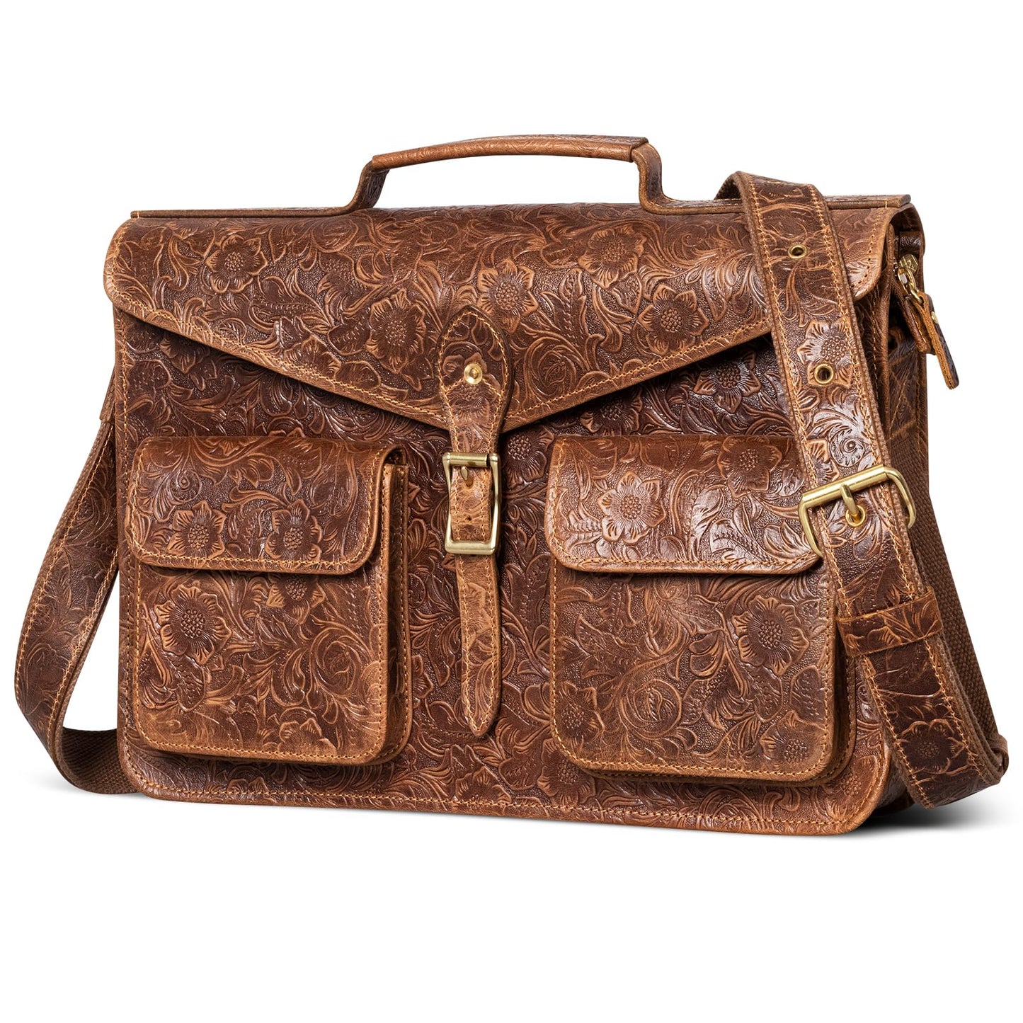 Gexmil Leather Messenger Bag for Men Women, Top Grain Leather, Laptop Briefcase Bag For College Office Business Travel, Adjustable Shoulder Strap, Flower Brown