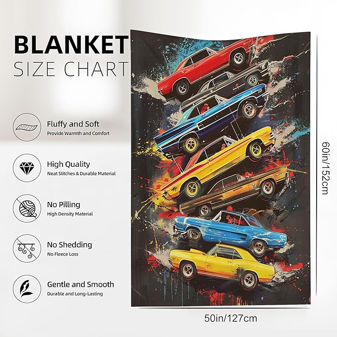 Blanket Vintage Muscle Cars Lightweight Soft Throw Blanket for Girls Teens Women, Graffiti Art Fuzzy Blanket Home Room Decor 50x60 Inches
