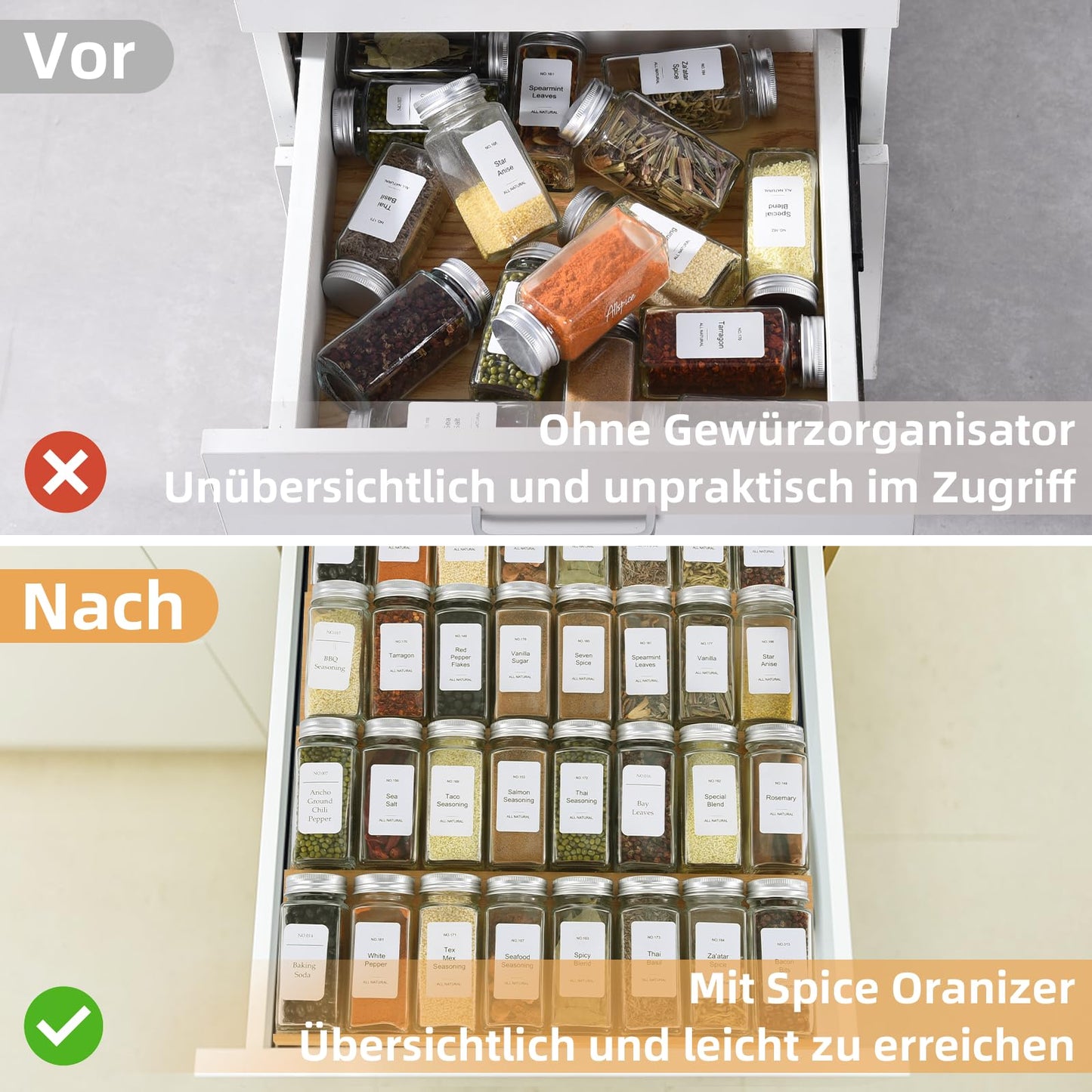 Spice Drawer Organizer with 24 Spice Jars and 216 Labels,Non-slip Rubber, Bamboo 4 Tier Spice Racks Tray Seasoning Containers for Kitchen Drawers,Cabinets,Countertops,13" Wide * 15.8" Deep
