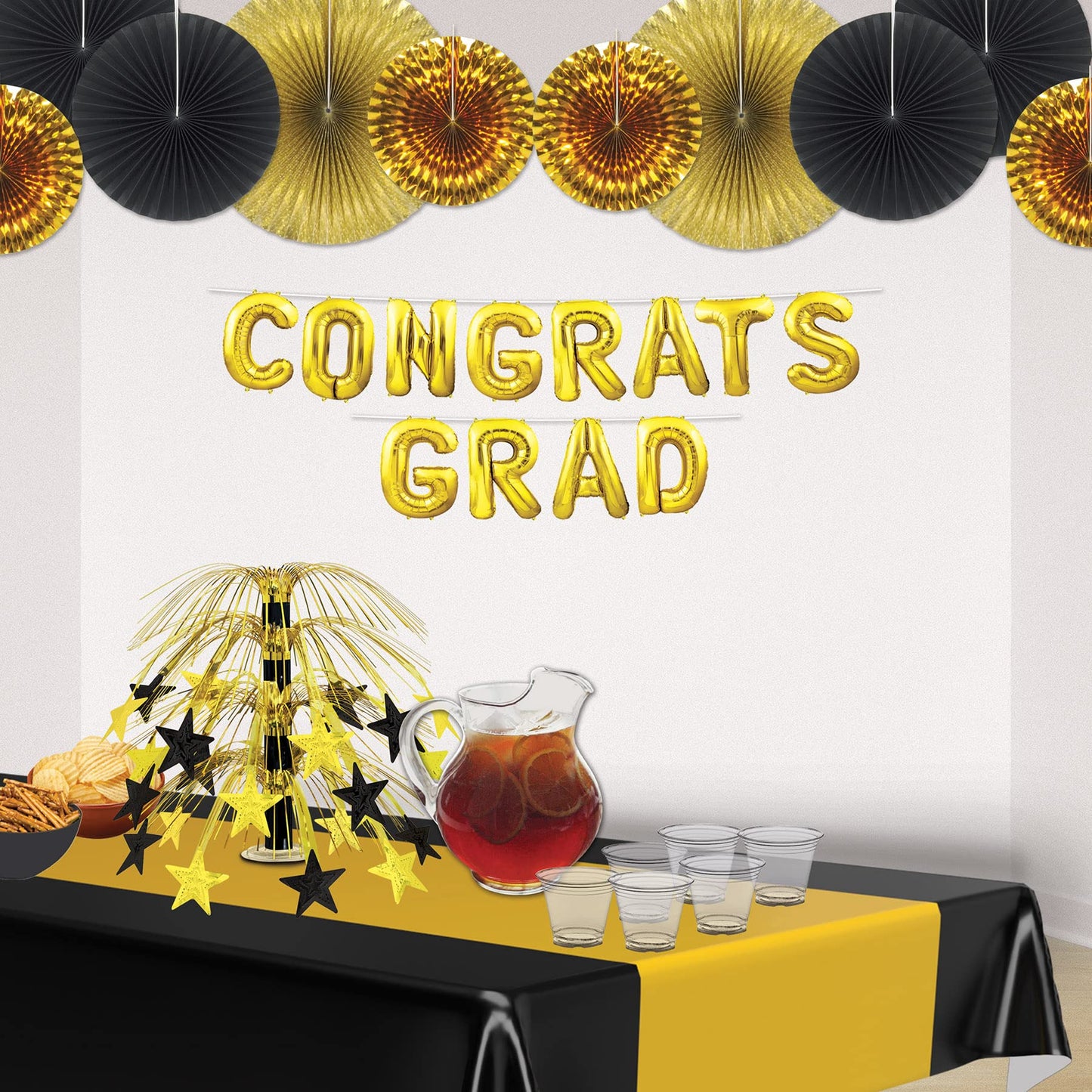 Beistle Star Cascade Centerpiece – Metallic Gold and Black Fringe Table Decoration with Hanging Cord, Clear Base, New Year’s Eve Décor, Graduation Celebration, Awards Night VIP Party Accent, 18"
