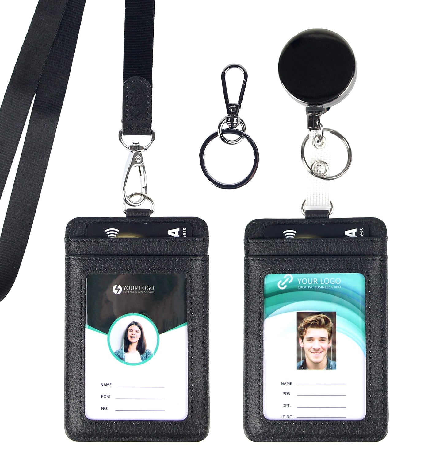 Walaufsti ID Badge Holder with Two ID Windows, 2 Pack Vertical PU Leather Badge Card Holder with 1 Heavy Duty Retractable Reel & 1 Lanyard & 1 Keychain Clip