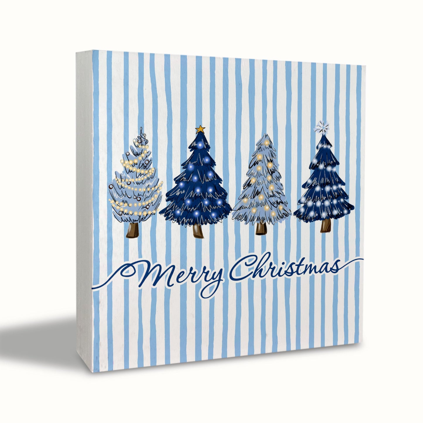 KEUSPI Navy Blue Merry Christmas Tree Wooden Box Sign, Christmas Tree Decor, Xmas Navy Blue Striped Winter Wood Box Block Sign for Home Office Desk Tabletop Shelf Decoration 5x5 Inch