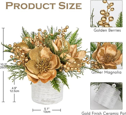 13 inch Gold Christmas Table Centerpiece 5" Glitter Magnolia Flower and Berries Fir Greenery Artificial Christmas Floral Centerpiece in Silver Ceramic Pot TableTop Christmas Table Arrangement Decor