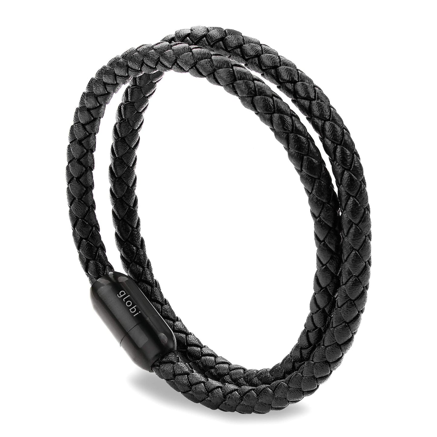 Globi Leather Bracelet For Men | Genuine Wrap Braided Leather Cuff Bangle Bracelet with Magnetic Stainless Steel Clasp For Men/Women (Black 7”)
