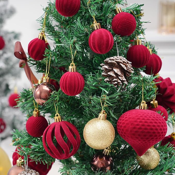 Velvet Christmas Balls 48pcs Flocked Christmas Tree Ornaments Set Shatterproof Christmas Ornaments with Hanging Rings Suitable for Xmas Tree Holiday Decor (Wine Red)