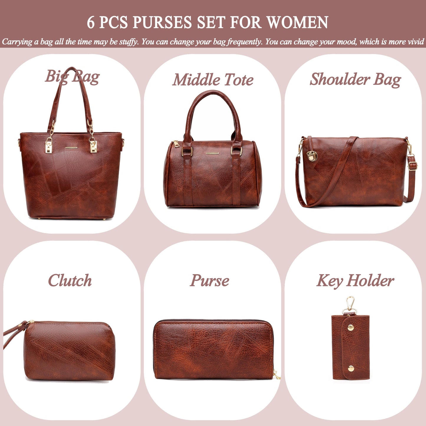 2E-youth Women Designer Purses And Handbags Set Satchel Shoulder Bags Tote Bags 6pcs Wallets (brown)