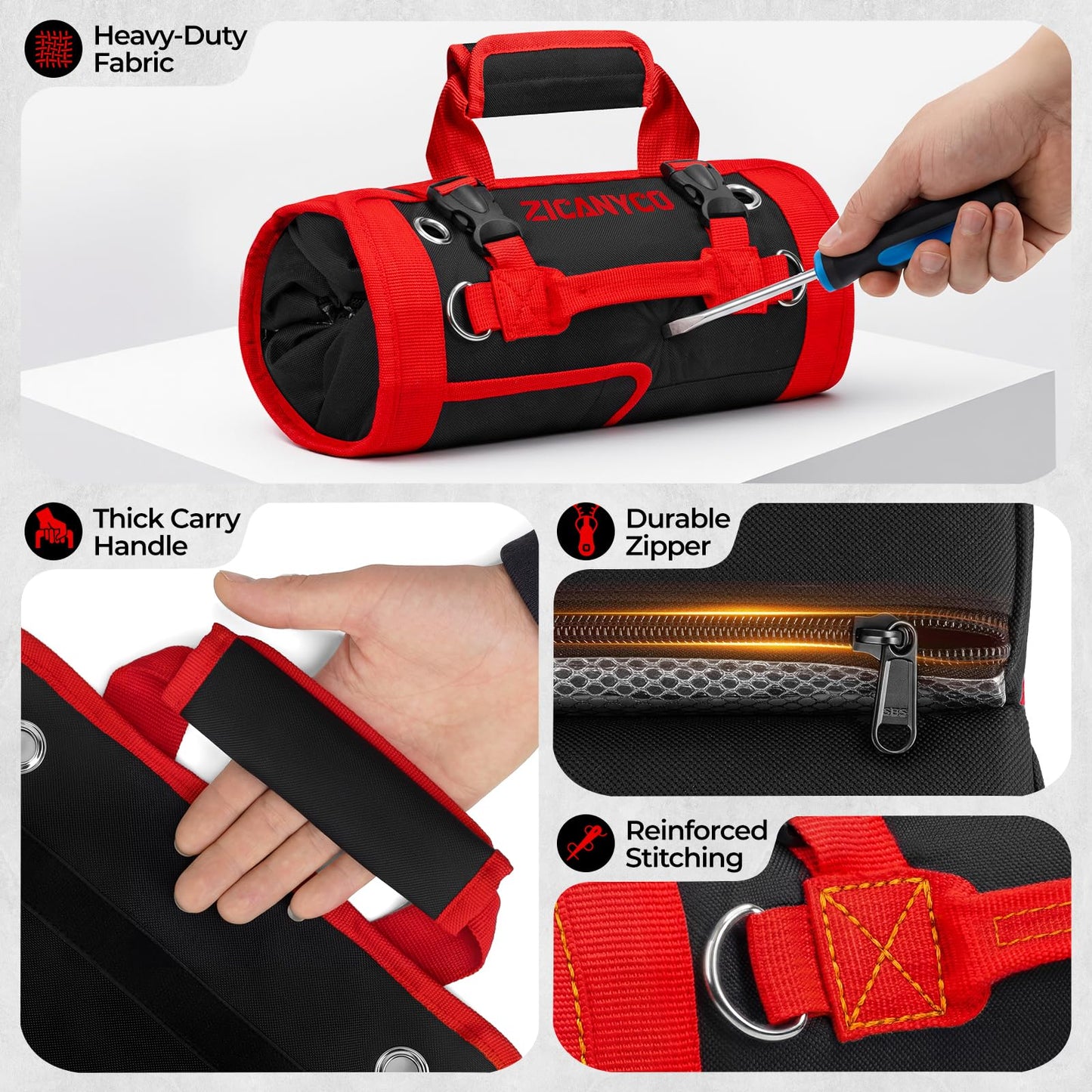 ZICANYCO Roll Up Tool Bag, Heavy Duty See-Through Tool Roll Organizer with 2 Detachable Pouches, Portable Mechanic & Motorcycle Tool Bag, Birthday & Father’s Day Gift, Red