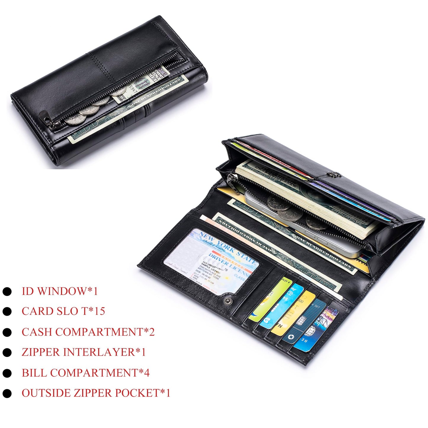 LUKZIJAES Wallets for Women Slim Long RFID Blocking Ladies Genuine Leather Bifold Wallet Womens with ID Window Coin Pocket (#1-Black)