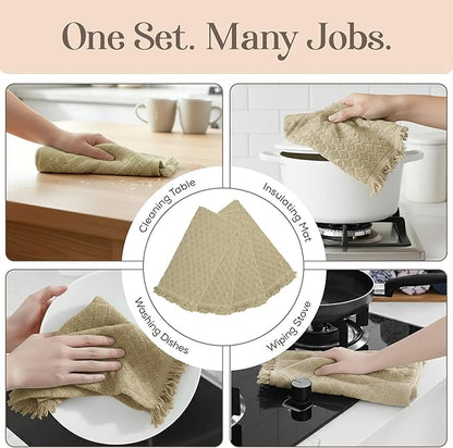 MosJos Kitchen Towels, Sage Taupe Diamond Pattern Drying Towels 18 x 28 Super