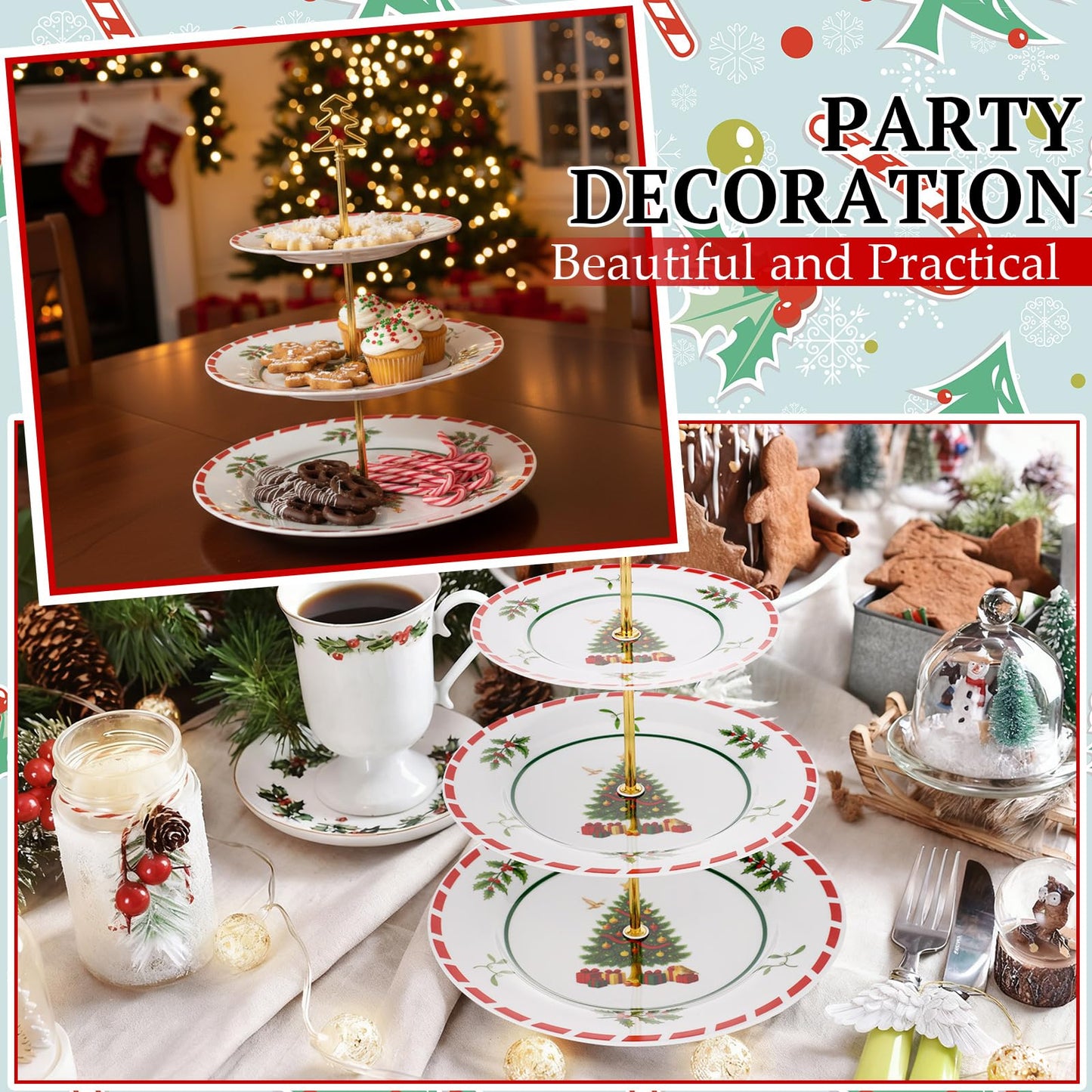 Lallisa 3 Tier Christmas Cake Stand 10", 9" and 7" Ceramic Xmas Tree Tiered Cupcake Display Holder Tower for Serving Food Cake Desserts Treats Holiday Party Decoration