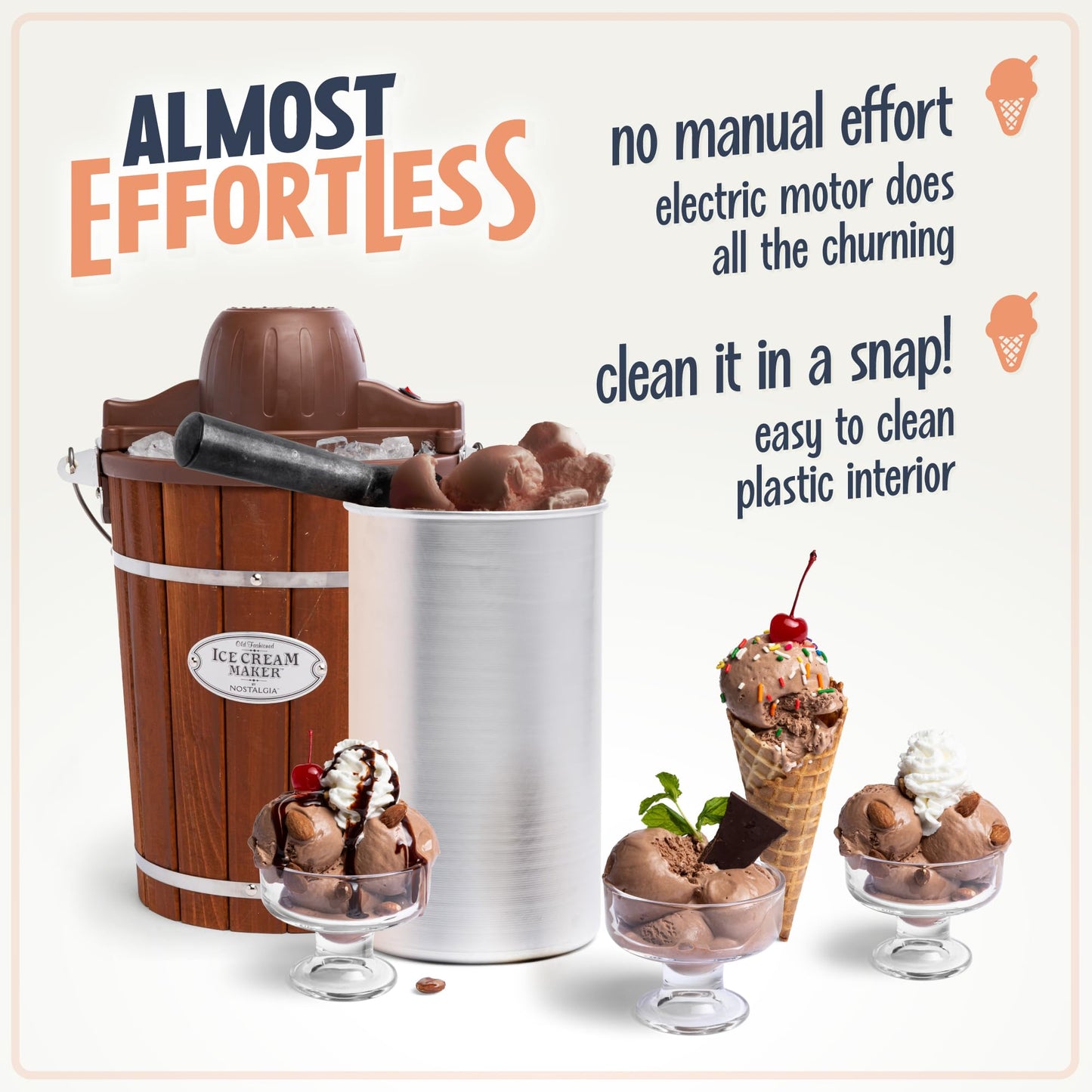 Nostalgia Electric Ice Cream Maker - Old Fashioned Soft Serve Ice Cream Machine Makes Frozen Yogurt or Gelato in Minutes - Fun Kitchen Appliance - Vintage Wooden Style - Light Wood - 4 Quart