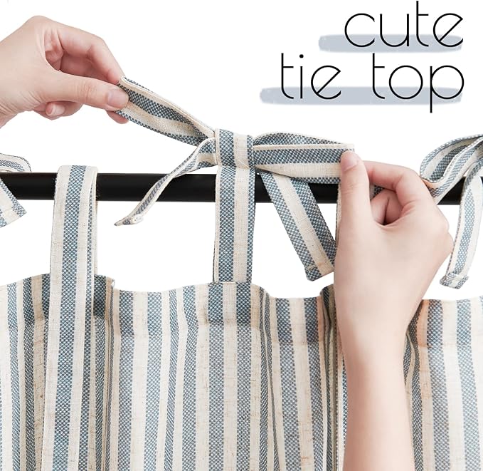 jinchan Tie Top Linen Kitchen Curtains 36 Inches Striped Tier Curtains Farmhouse Modern Cafe Style Small Window Treatments Airy Light Filtering Rod Pocket for Living Room Bathroom 2 Panels Blue