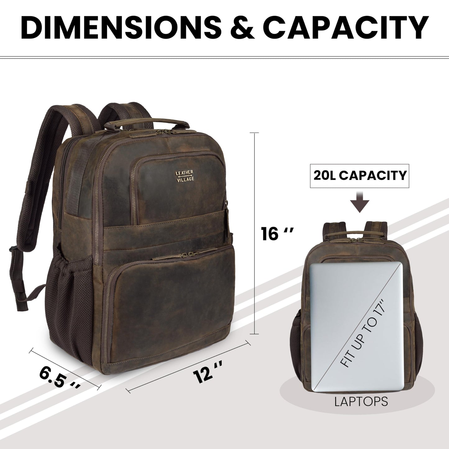 LEATHER VILLAGE Vintage Leather Laptop Backpack for Men & Women, Professional Business Bag Fits 17”- Laptop, Travel Hiking Daypack with Trolley Strap - Distressed Brown