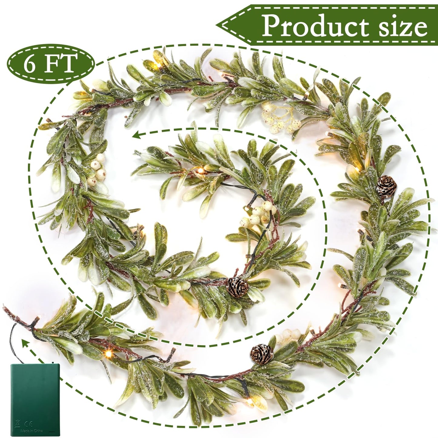 6 FT Mistletoe Lighted Christmas Garland, Prelit Flocked Cedar Garland with Lights Mistletoe Leaves White Berry Pinecorn Warm White Lights Timer, Mantel Party Table Fireplace Home Xmas Decor