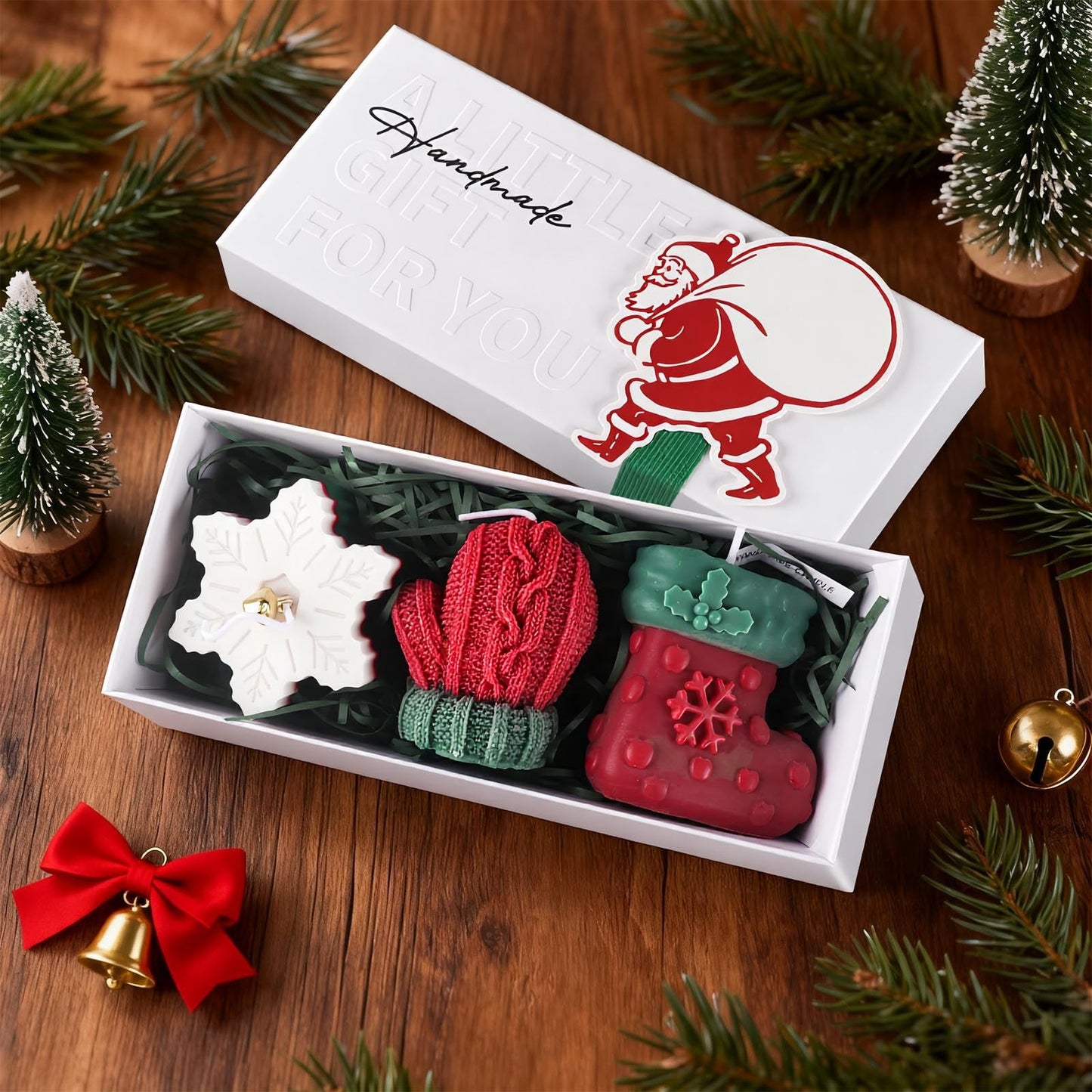 3 Pcs Christmas Snowflake Candles for Table Decorations, Premium Natural Christmas Snow Stocking Glove Shaped Taper Candles with Cotton Wick for Xmas Holiday Party Supplies