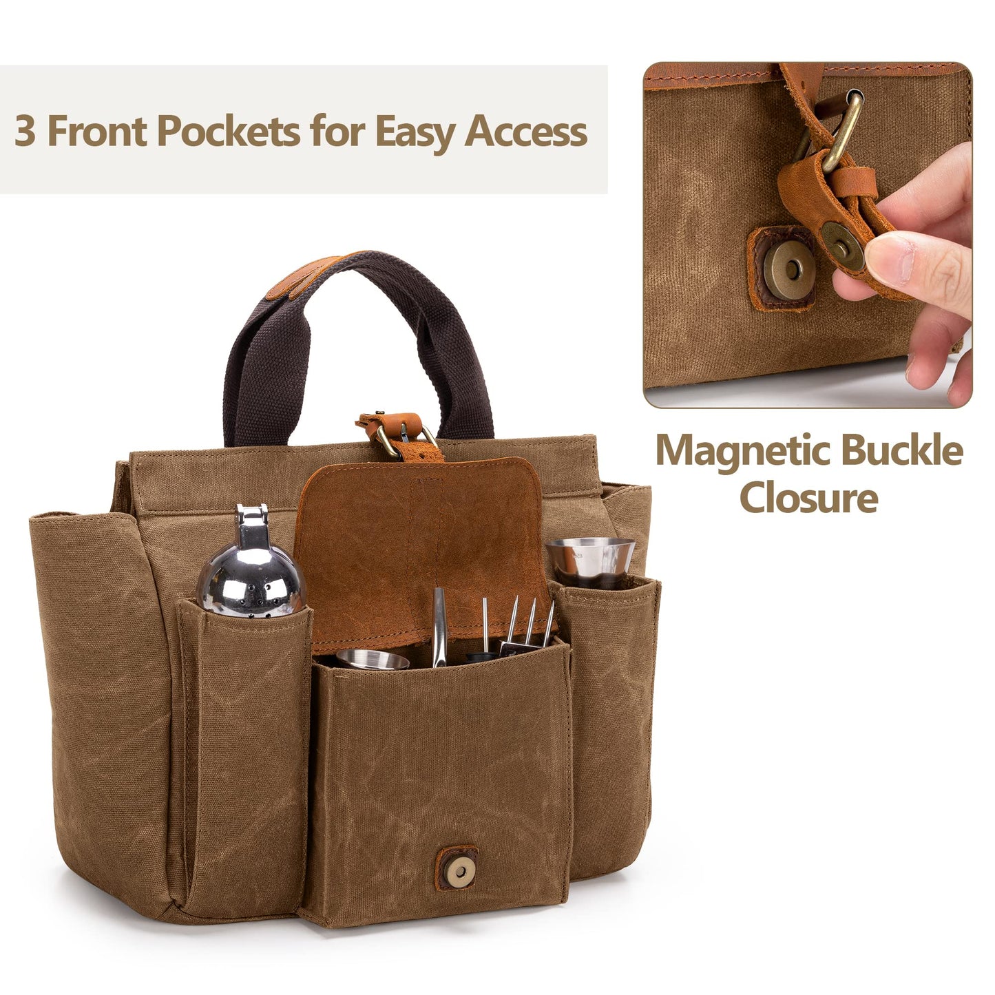 LoDrid Tote Bartender Bag, Genuine Leather Waxed Canvas Portable Carrying Cocktail Shaker Kit Bag with Handle for Travel Home Indoor Outdoor Party (Bag Only)(Patent Design)