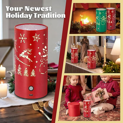 Christmas Table Lamp with Hollow-Out Design - Rechargeable Touch Control Dual Color LED, Warm/Cool White Metal Decor for Home Desk Party, 1200mAh Battery(Red)