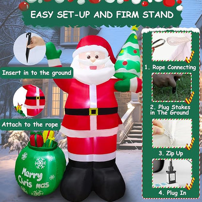 8FT Christmas Inflatables Santa Claus with Christmas Tree ＆ Gift Bag Christmas Blow up Decoration with Built-in 6 LED Lights Large Xmas Blow up Santa Claus for Yard Party, Xmas New Year Kids Gifts