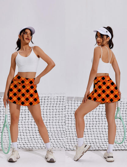 PINSPARK Tennis Skirts Women Pleated Athletic Skirt with Shorts Underneath Wicking Golf Skorts Activewear,Orange Print Small