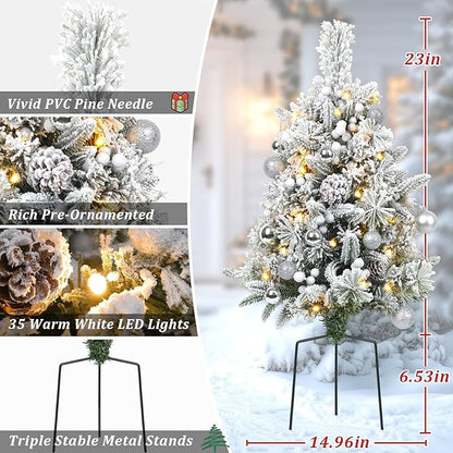 Set of 2 30 Inch Prelit Outdoor Christmas Trees, Artificial Battery Operated Snow Flocked Xmas Tree with Stake, Silver Berries, Pine Cones, Ball Ornaments, 8 Lighting Modes & Timer Included