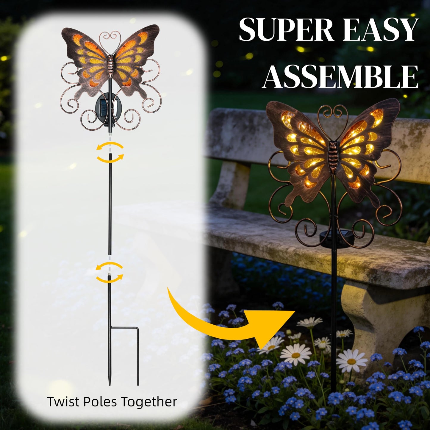 Lune cle Butterfly Solar Lights for Outside, 36 inches Waterproof Metal Solar Pathway Lights, Large Solar Butterfly Lights Outdoor Garden Decor, Warm Amber LED Stake Lights Outdoor Yard