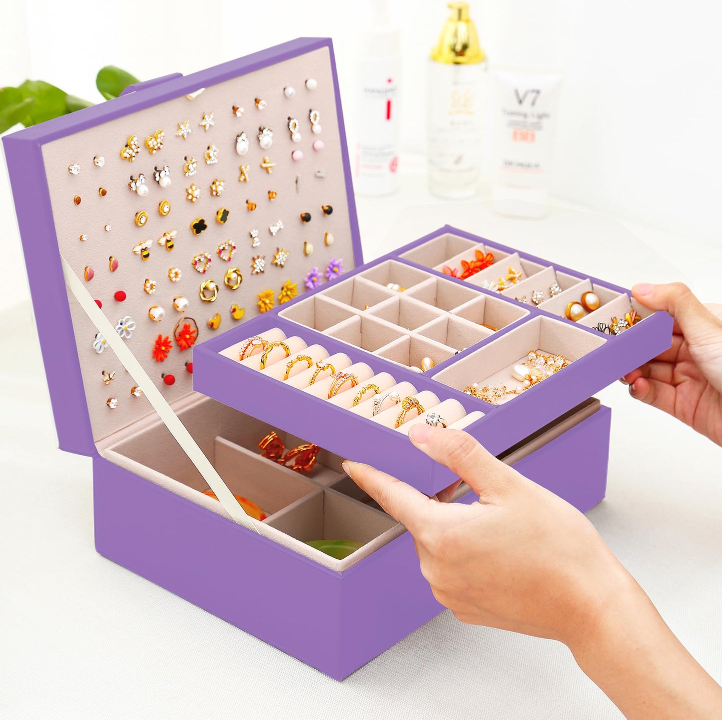 Earrings Jewelry Box for Girls, Large Capacity Jewelry Organizer with 40-Pair Earring Board, 2-Layer Leather Jewelry Storage Box for Necklaces Rings Bracelets with Removable Tray(Gift Idea),Purple