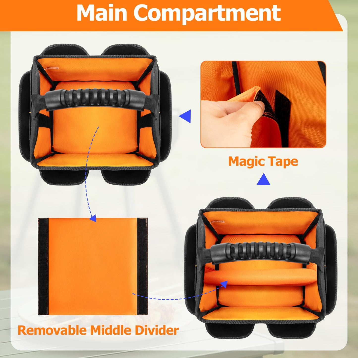 HODRANT Grill Utensil Storage Bag, Portable BBQ Tool Caddy with Divider & Boards, Large Grilling Tool Box with Pockets & Handle, Outdoor Barbecue Accessories Case for Camping & Kitchen, Bag Only