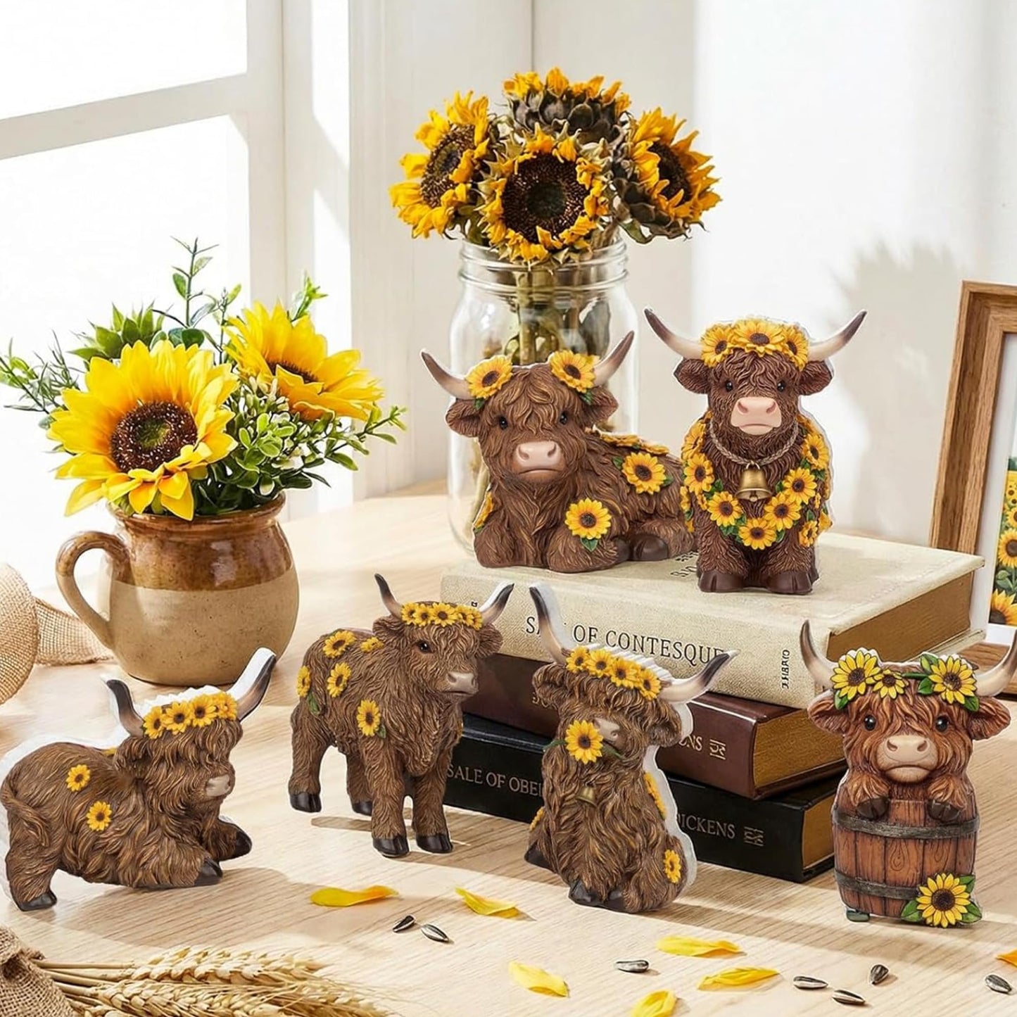 Tradder 6 Pcs Sunflower Highland Cow Table Decorations Spring Highland Cow Wooden Block Signs Farmhouse Table Centerpiece Rustic Tiered Tray Decor for Baby Shower Home Kitchen Office Desk