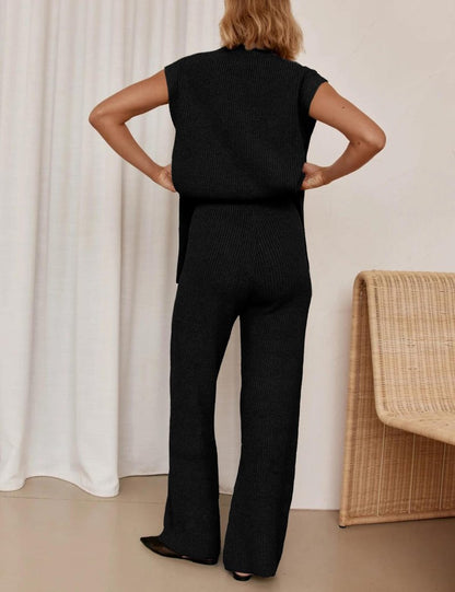 Lviefent Womens 2 Piece Outfits Sweater Set Sleeveless Side Slit Pullover Top Knit Wide Leg Pants Lounge Matching Sets (Black-L)