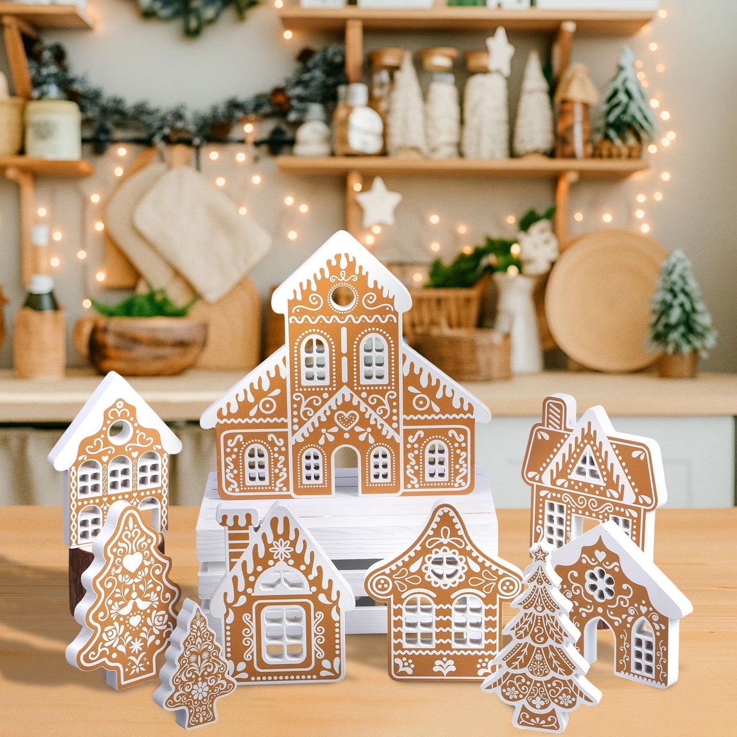 Faccito 9 Pcs Wood Gingerbread House Decor Sets Christmas Village Bulk Wooden Christmas Tree Centerpiece Winter Desk Shelf Ornament for Mantel Window Xmas Tabletop Farmhouse Indoor Decorations