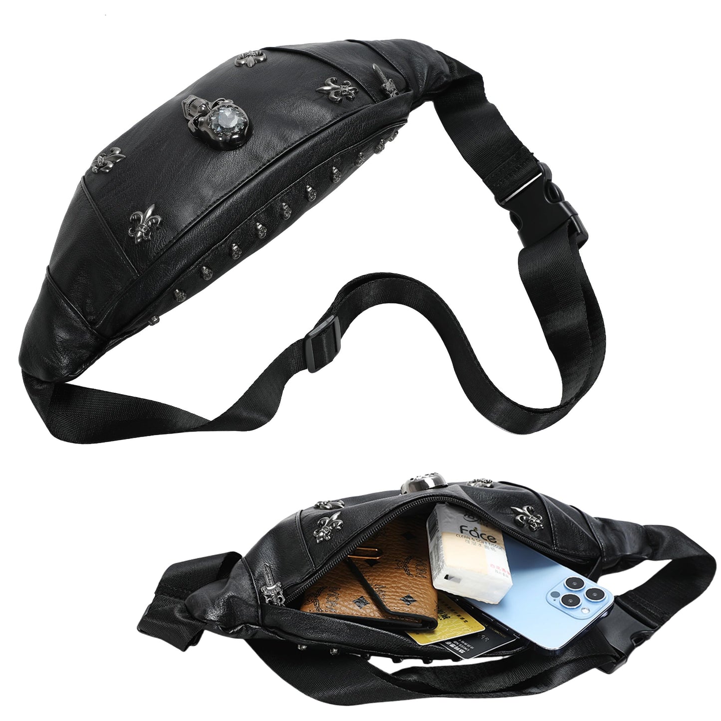 Skull Fanny Pack, Skeleton Waist Bag Multifunction PU Leather Hip Bum Bag,Gothic Fanny Bag for Men and Women,Skull Bumbags with Sturdy Zippers (Color 5)