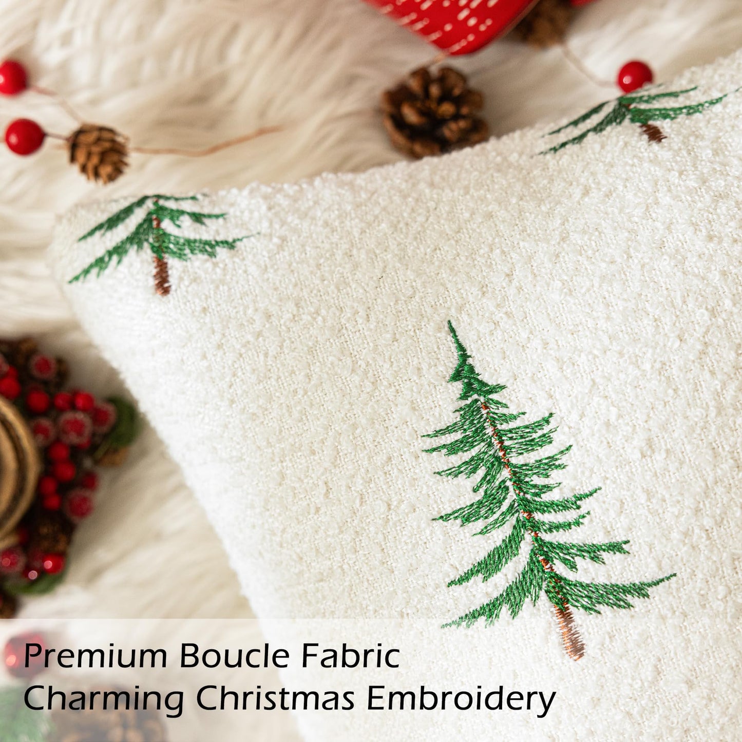 SINYASAN 1 Pack Christmas Tree Throw Pillow Covers 18"x18" White Boucle Pillow Cases with 3D Embroidery Decorative Holiday Winter Thanksgiving Decorations for Couch Sofa Living Room