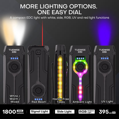 UV Flat EDC Flashlight Rechargeable 1800 High Lumens Pocket Light with RGB,Magnetic Base Small Flashlights with Dual Switch,Stepless Dimming,USB-C Waterproof Work Flash Light for Work,Home,Emergencies