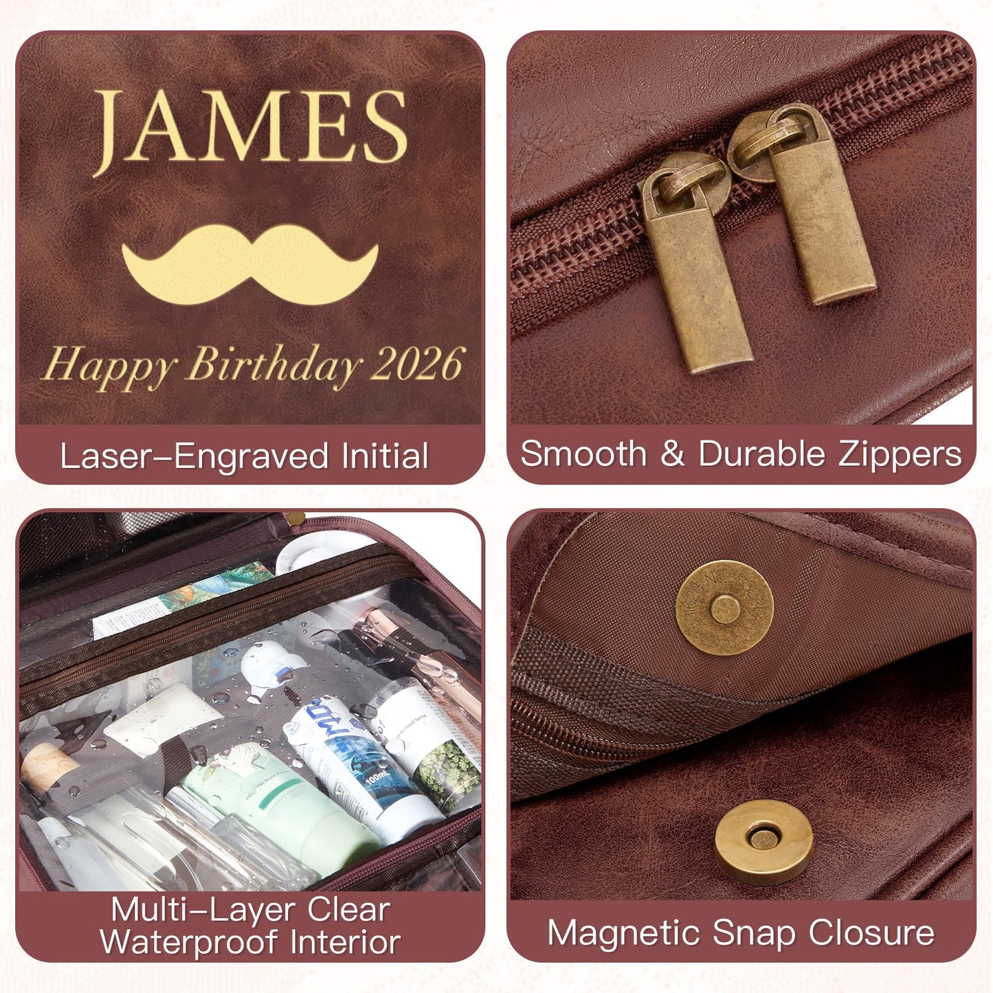 Aganmi Personalized Gifts for Men Hanging Toiletry Bag, Custom Waterproof PU Leather Dopp Kit with Laser Engraved Name, 3-in-1 Detachable Shaving Bag Gifts for Husband Dad Groomsmen Reddish Brown