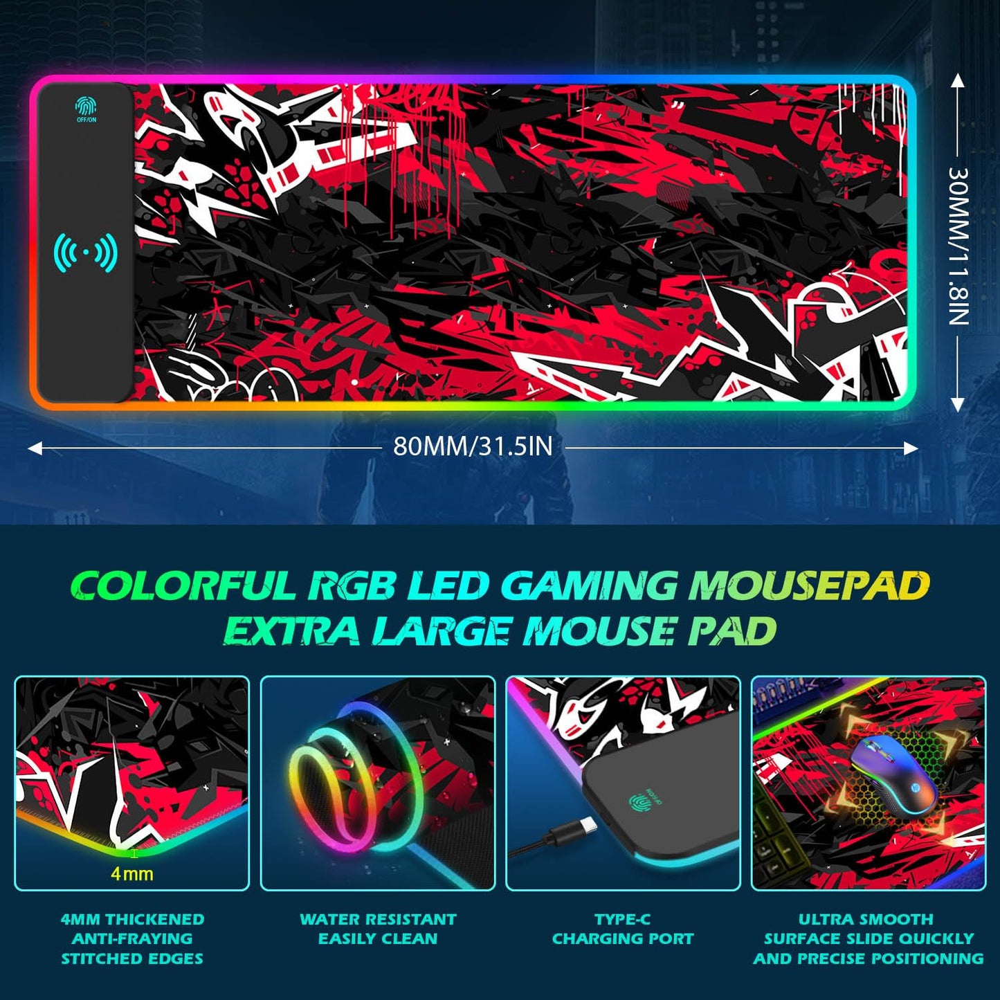 ToLuLu RGB Gaming Wireless Charging Mouse Pad, 5/7.5/10/15W 10 Light Modes LED Mouse Pad Computer Keyboard Mat Mousepad, 800x300x4MM Extended Large Desk Mat for Gaming, MacBook, Laptop, PC, Galaxy