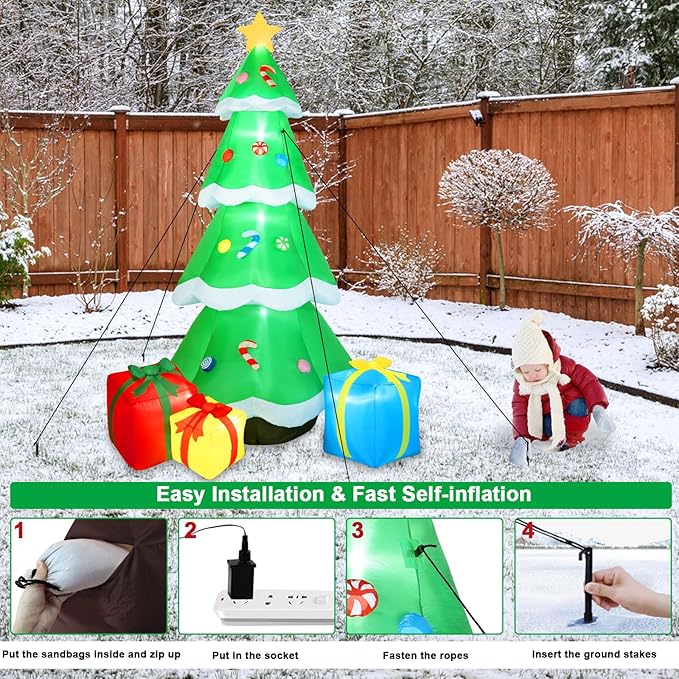 B&D 10FT Giant Inflatable Christmas Tree with Gift Box, Built-in LEDs - Outdoor Decoration for Holiday Party & Garden Lawn