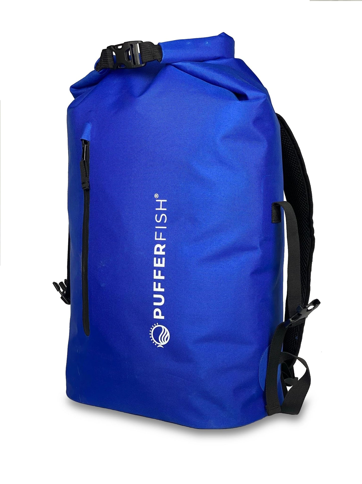 PUFFERFISH 35L Waterproof Roll-Top Beach Backpack - Sandproof Dry Bag Daypack for Beach, Pool, Boat & Travel - Padded Back & Straps, Multiple Pockets, Recycled Plastic, Blue