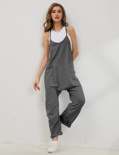 Lentta Women's Causal Jumpsuits V Neck Sleeveless Harem Overalls Stretchy Adjustable Strap Romper with Pockets(DarkGrey-L)