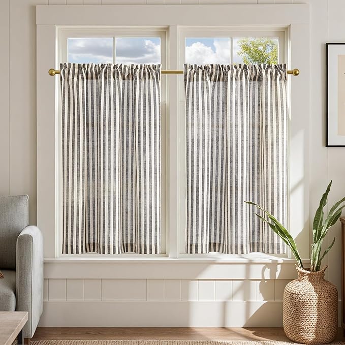 jinchan Striped Linen Kitchen Curtains 36 Inches Length Tier Curtains Farmhouse Modern Cafe Small Window Treatments Airy Light Filtering Rod Pocket for Living Room Bathroom 2 Panels Jet Black