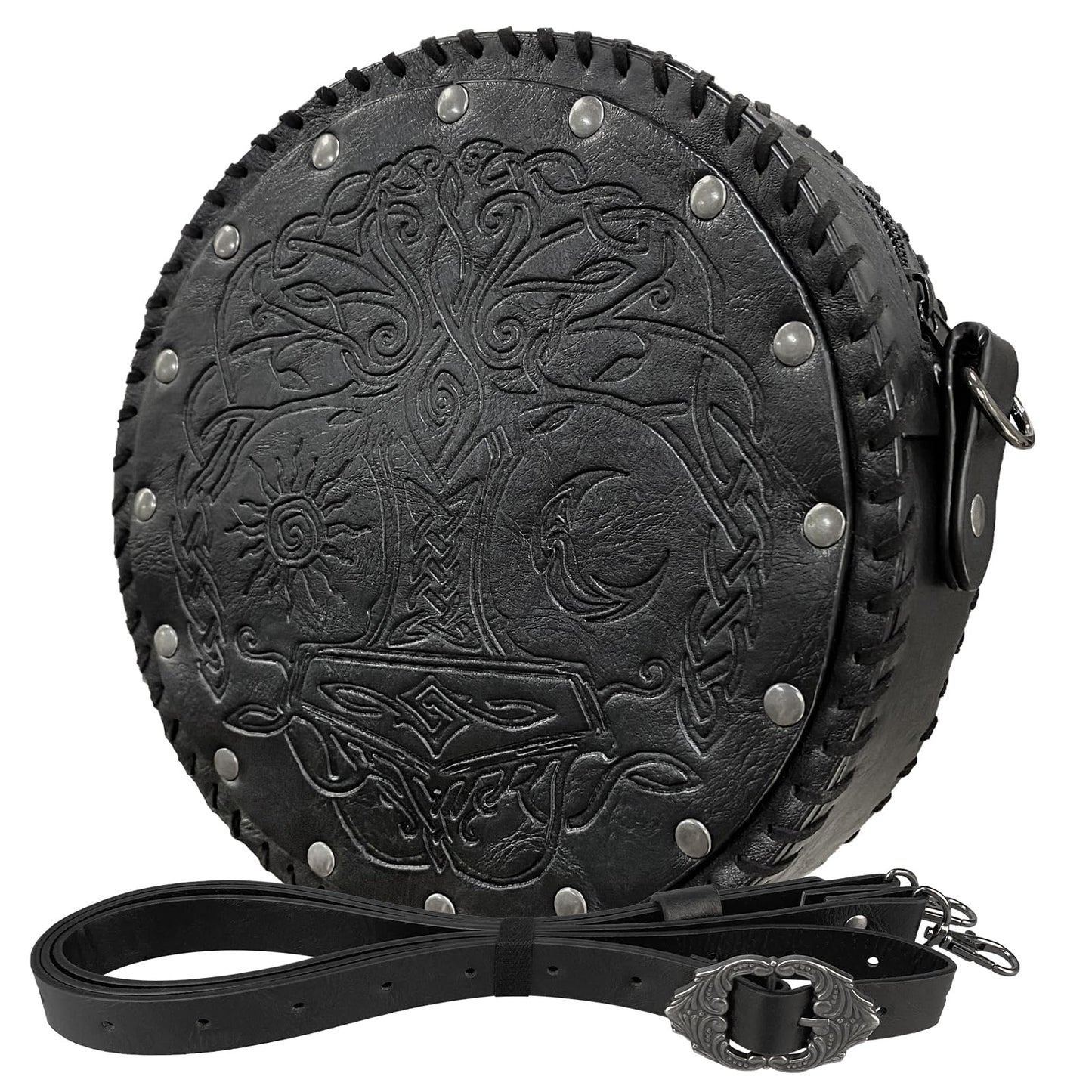 HiiFeuer Viking Embossed Crossbody Bag, Nordic Faux Leather Belt Bag Satchel Bag, Medieval Portable Cosplay Shoulder Bag (Black B)