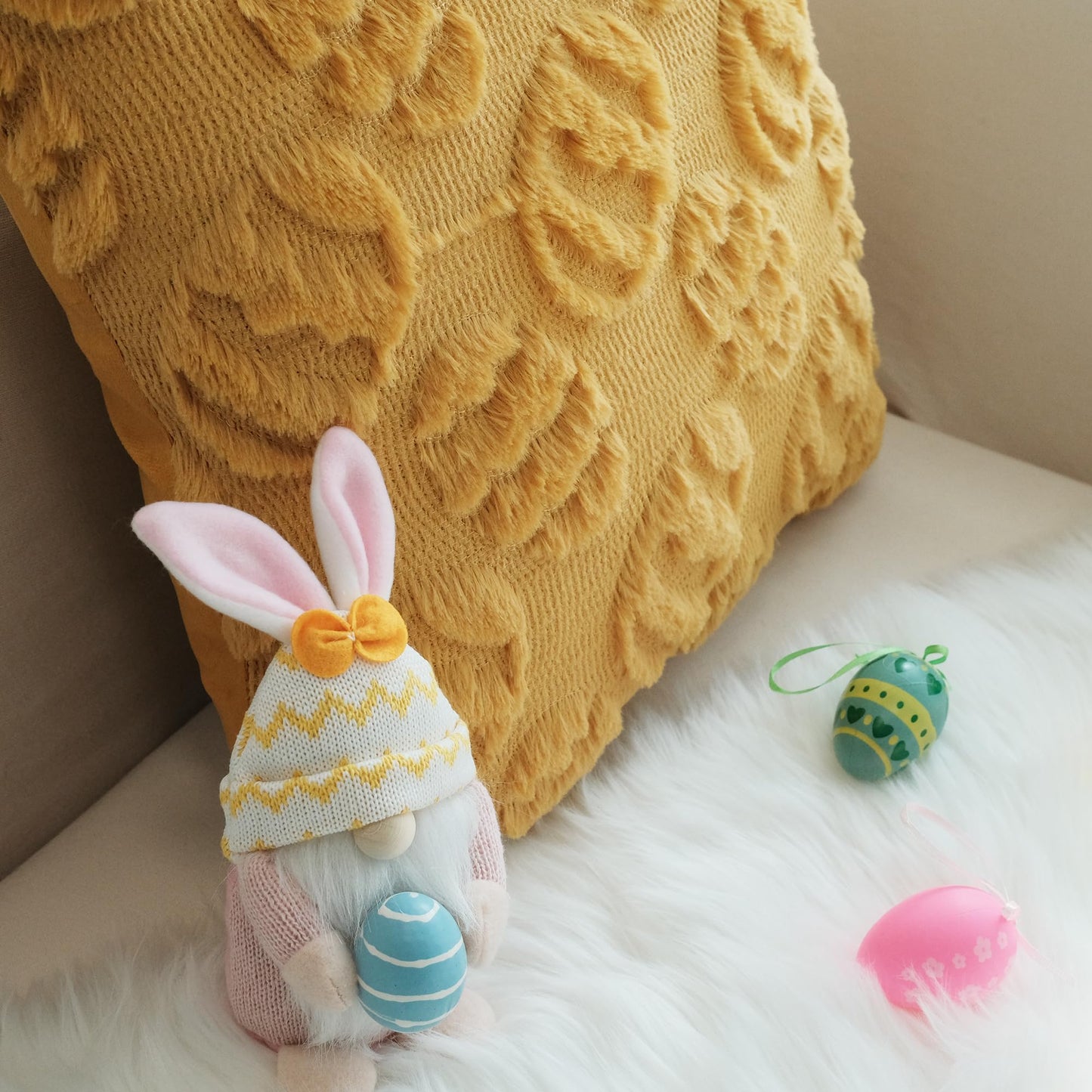 JOJUSIS Decorative Pillow Covers Pack of 4 Spring Throw Pillowcases Faux Fur Couch Cushion Easter Egg 18 x 18 Inch