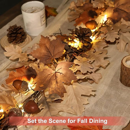 Fall Garland - 6 Ft Maple Leaf Garland with Pinecones - Fall Acorn Leaf Garlands with 30 Warm Lights for Thanksgiving Halloween Mantel Dining Table Centerpiece Indoor Outdoor Decor