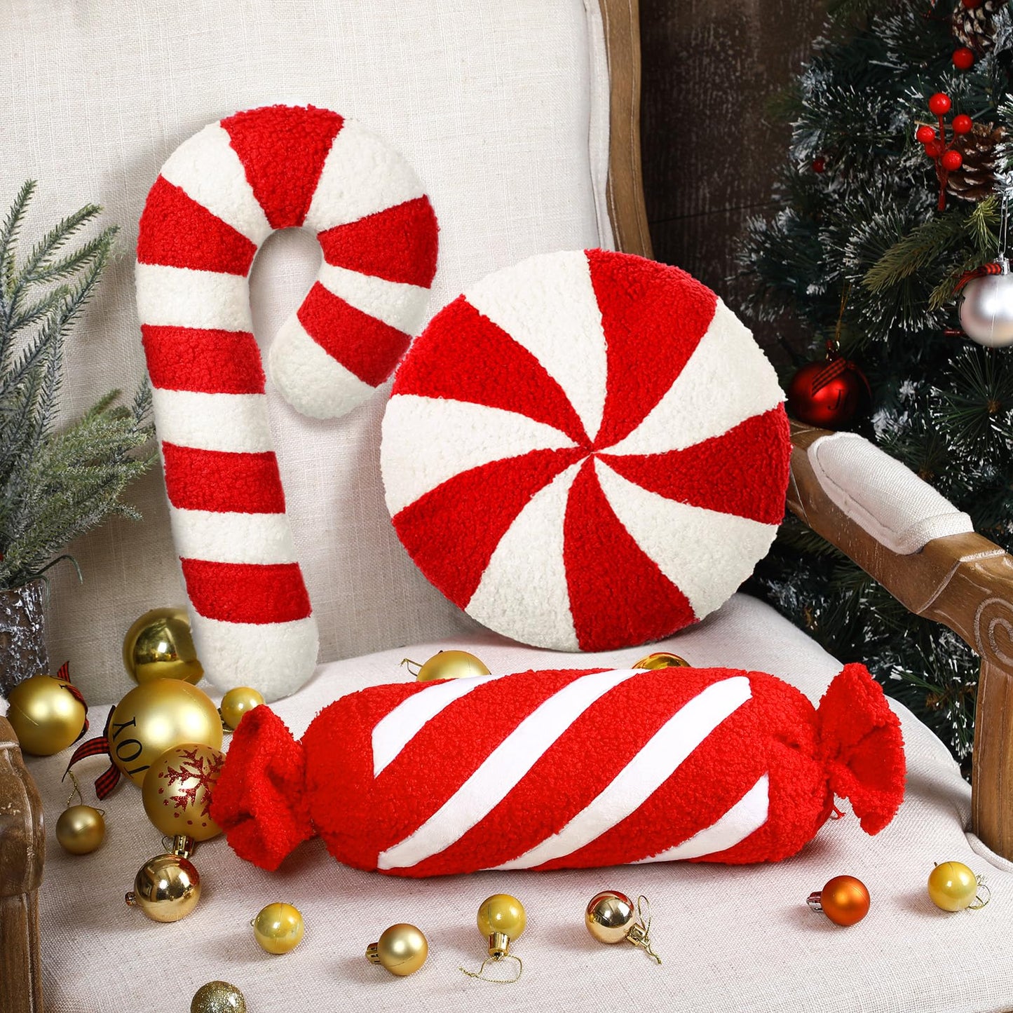 Anglechic 3 Pcs Christmas Pillows Decorative Throw Pillows Candy Merry Christmas Tree Stuffed Wool Soft Xmas Plush Cushion for Sofa Couch Bedroom Living Room(Red)