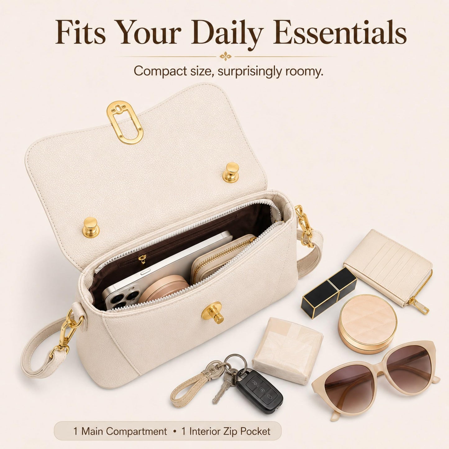Crossbody Bag for Women Small Satchel Purse, Pebbled PU Leather Handbag with Top Handle, Adjustable Strap, Gold Turn Lock, Zip Pocket, White Everyday Shoulder Bag