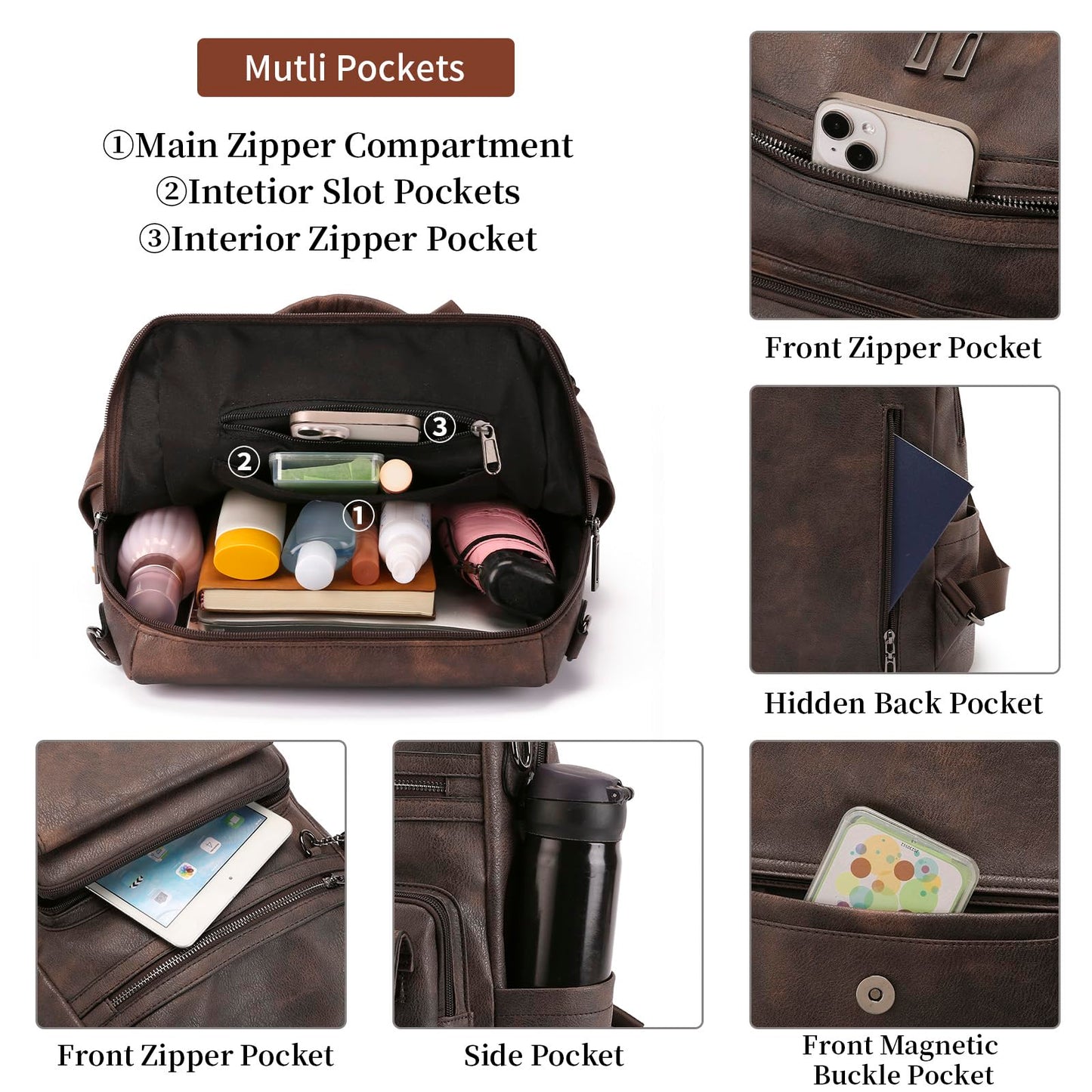 GAEKEAO Backpack Purse for Women Fashion Leather Designer Travel Backpack Purses Convertible Shoulder Bag with Wristlet (Two-toned Coffee)